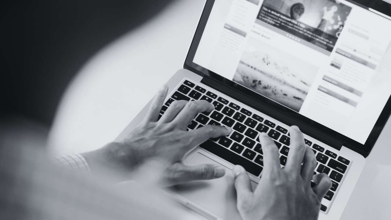 Person working on a laptop browsing a professional blog with engaging content and modern design.
